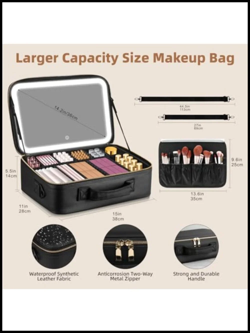 Large Capacity Makeup Bag with LED Mirror, 3 Color Light Adjustable Brightness,